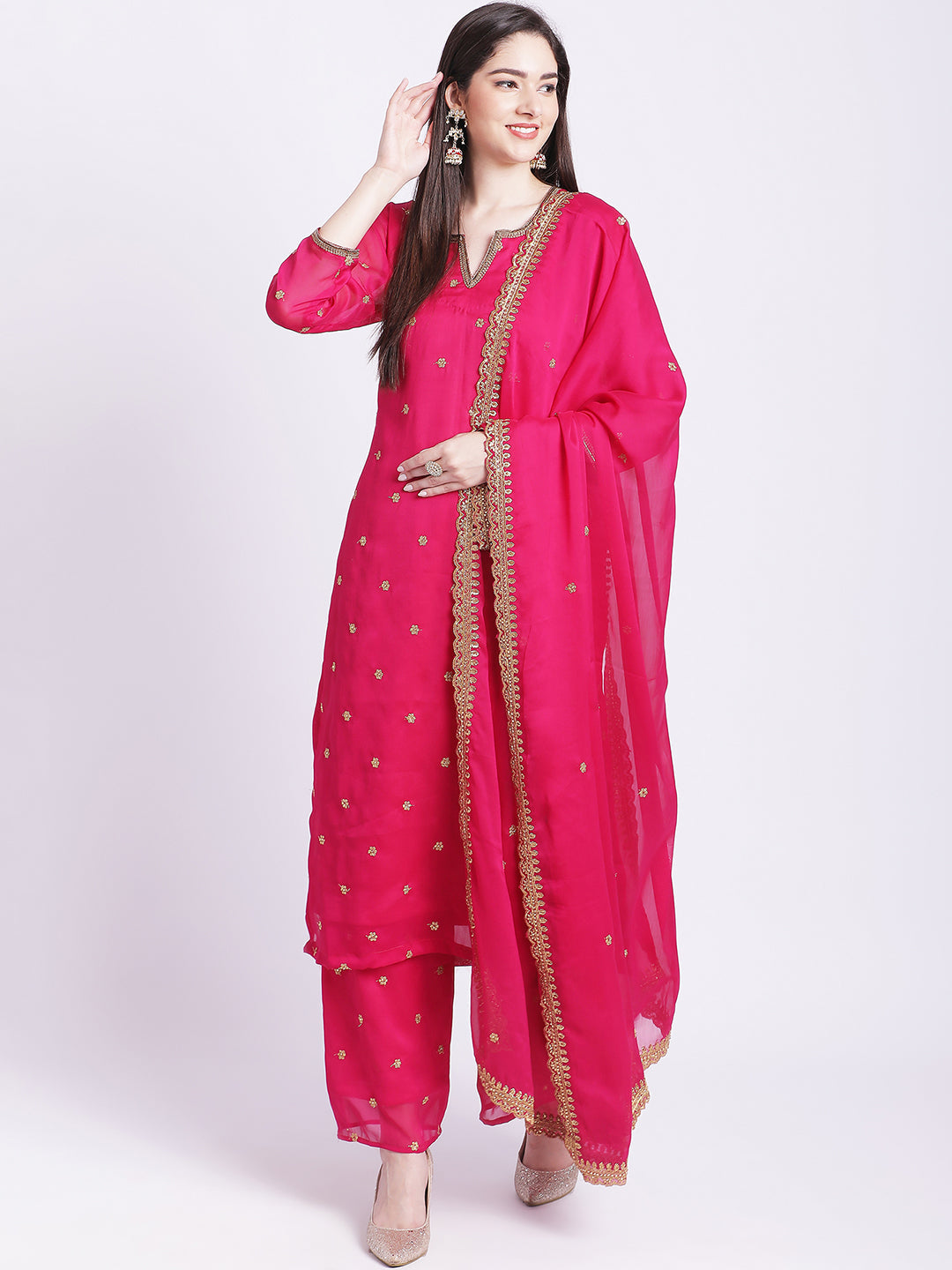 Women's Glam Pink Embroidered Kurti With Straight Palazzo And Embroidered Dupatta