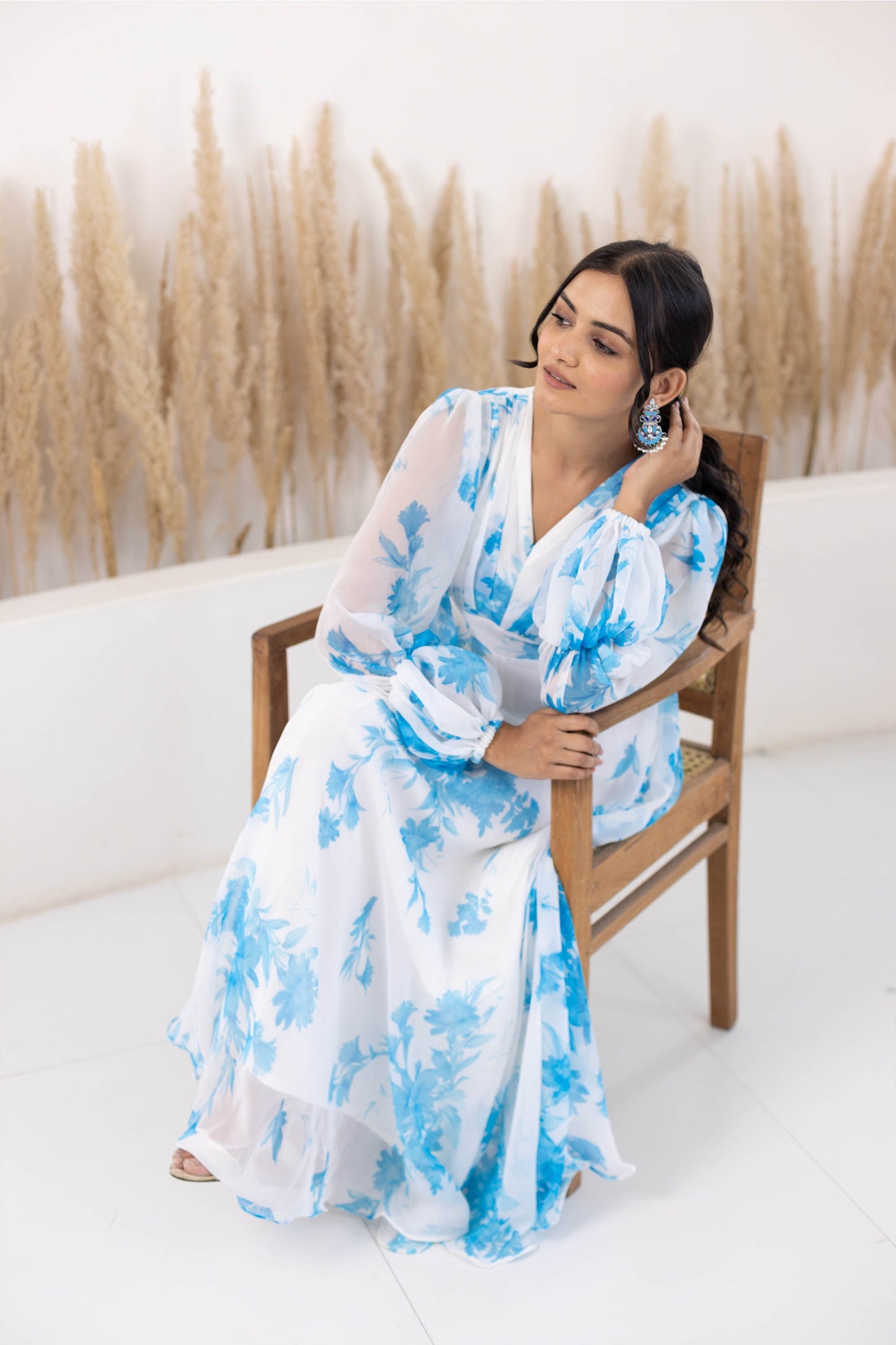 Blue & White Printed Gown Dress For Women - (1Pc Dress)