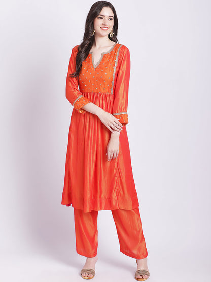 Women's Orange Punch A-Line Kurti With Straight Palazzo