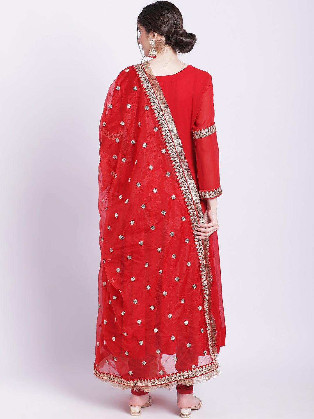 Women's Ruby Woo Georgette Border Anarkali With Churidar And Organza Dupatta