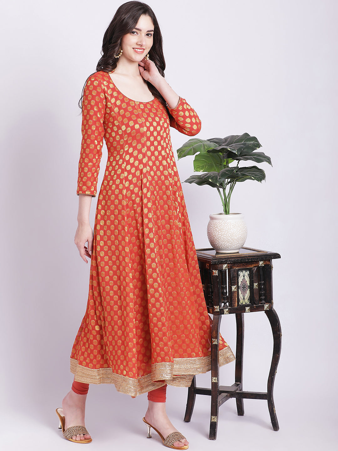 Women's Orange Banarsi Georgette Anarkali With Churidar