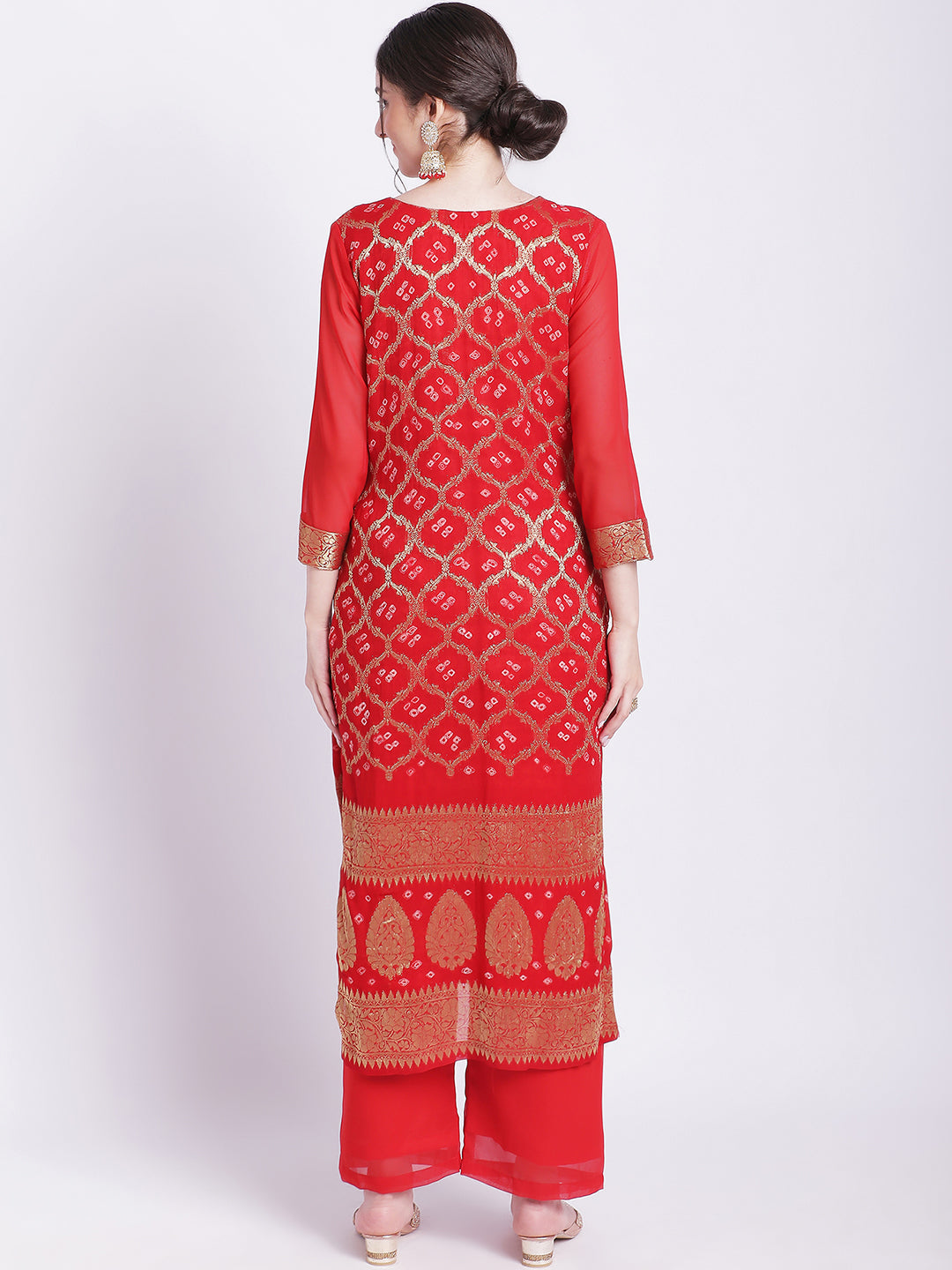 Women's Red Bandhej Bridal Kurti With Straight Palazzo