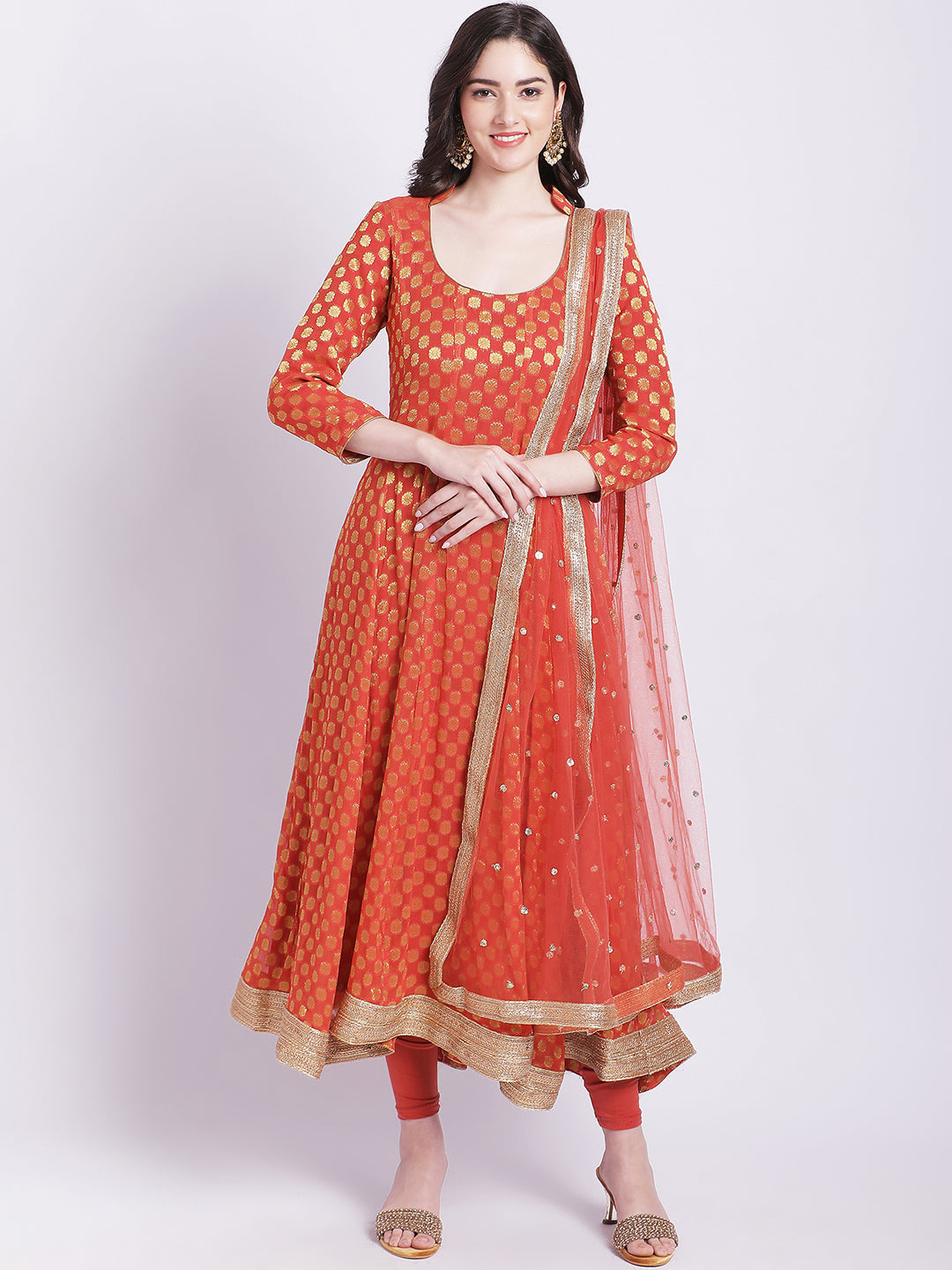 Women's Orange Banarasi Georgette Anarkali With Churidar And Net Sequin Dupatta