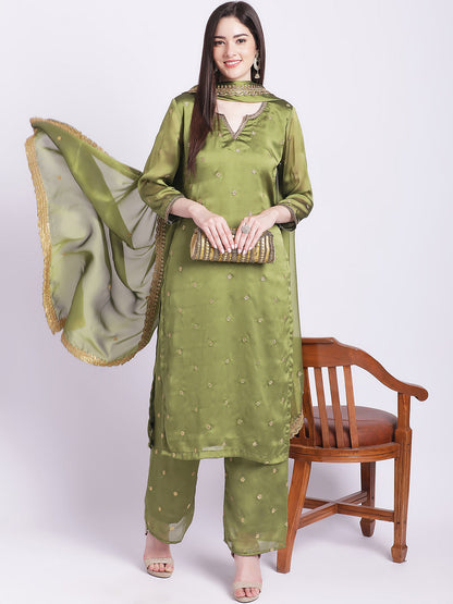 Women's Glam Green Embroidered Kurti With Straight Palazzo And Embroidered Dupatta