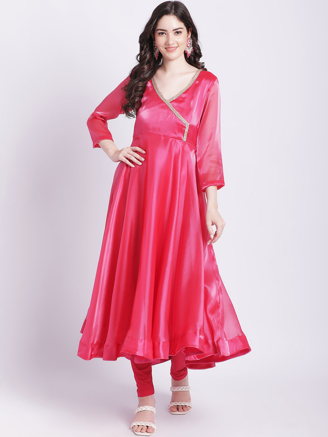 Women's Pink Dahlia Organza Anarkali With Churidar