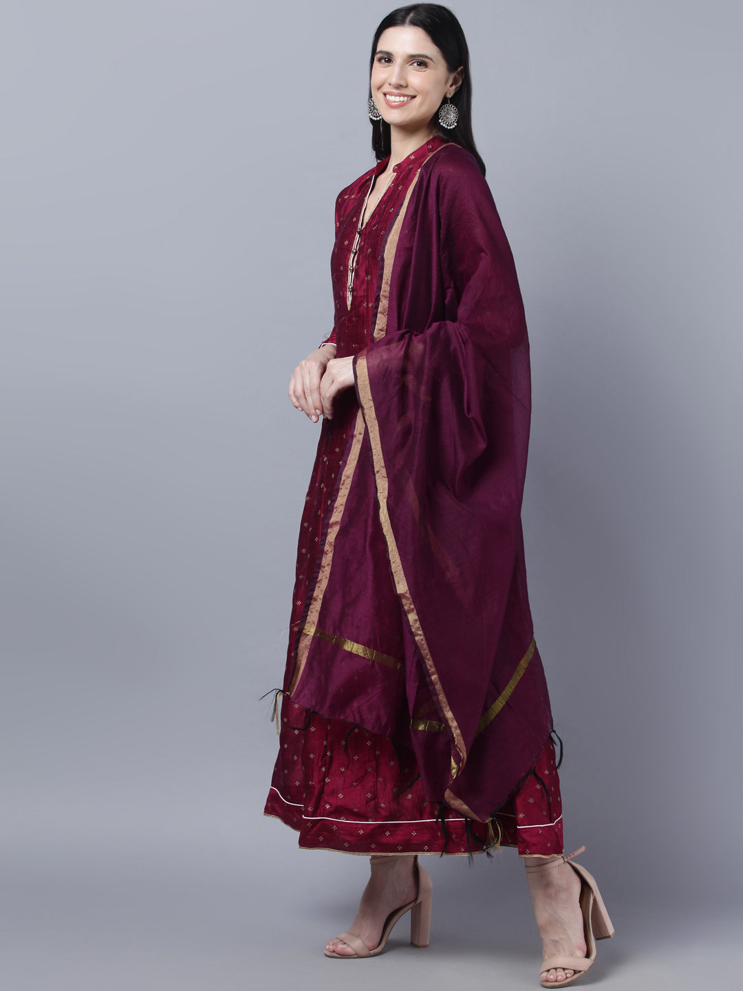 Women's Brown  Gold-Toned Anarkali Kurta With Dupatta