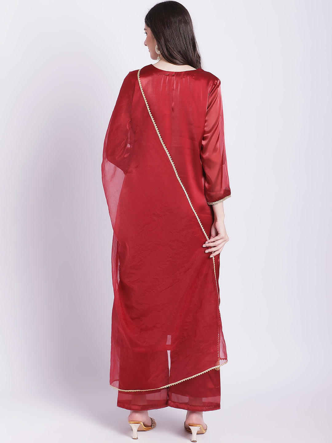 Women's Maroon Shine Organza Straight Kurti With Straight Palazzo And Organza Dupatta