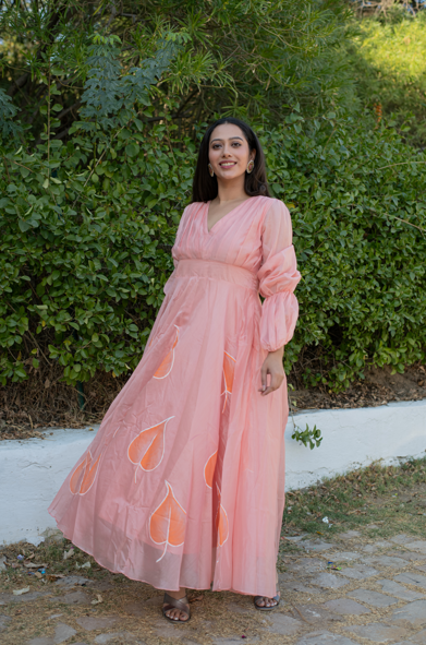 Women's Gulkaari Hand Painted Bell Sleeves Peach Gown