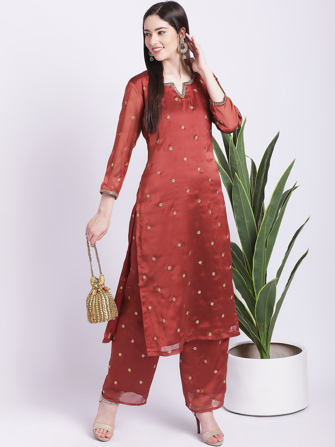 Women's Glam Rust Embroidered Kurti With Straight Palazzo