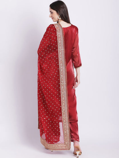 Women's Maroon Shine Organza Straight Kurti With Straight Palazzo And Embroidered Organza Dupatta