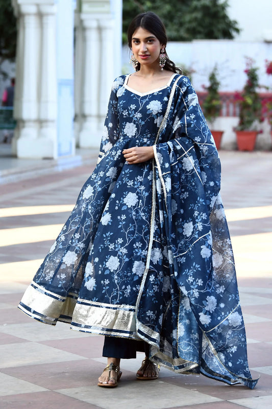 Women's Navy Blue Floral Anarkali Suit   -3Pc Set