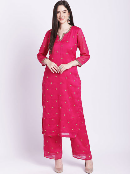 Women's Glam Pink Embroidered Kurti With Straight Palazzo