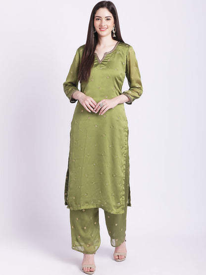 Women's Glam Green Embroidered Kurti With Straight Palazzo