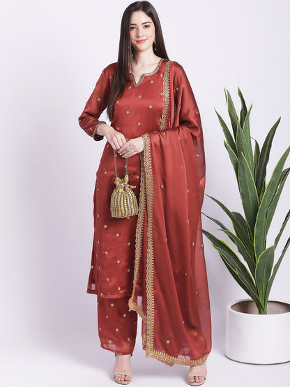 Women's Glam Rust Embroidered Kurti With Straight Palazzo And Embroidered Dupatta