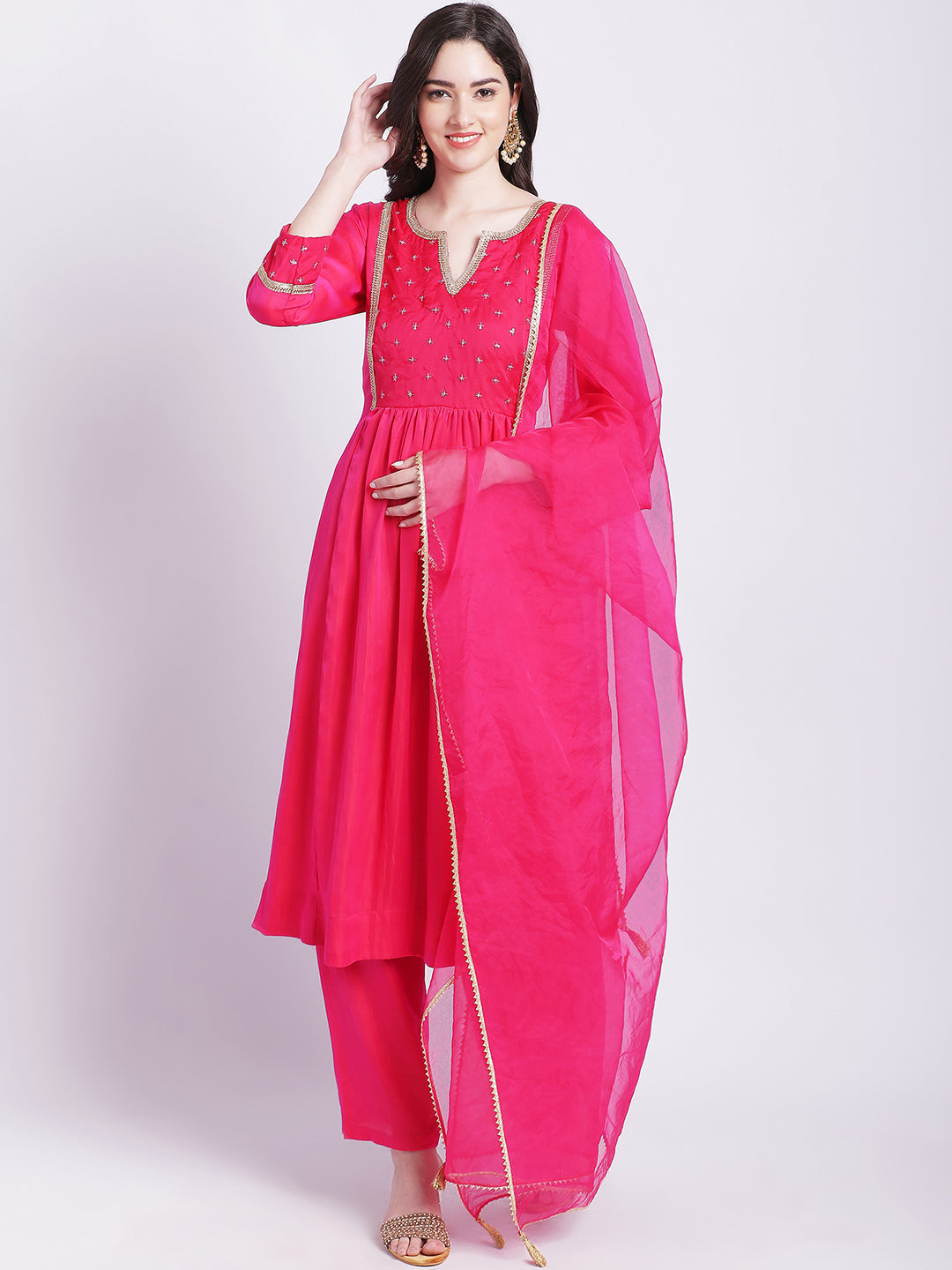 Women's Pink Punch A-Line Kurti With Straight Palazzo And Organza Dupatta