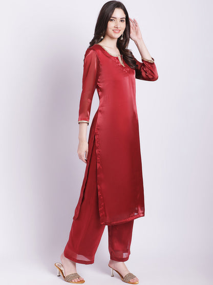 Women's Maroon Shine Organza Straight Kurti With Straight Palazzo