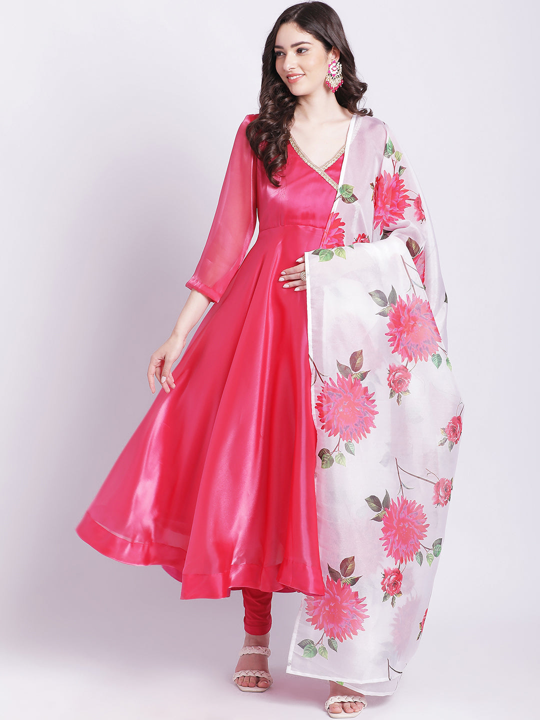 Women's Pink Dahlia Organza Anarkali With Churidar And Floral Printed Dupatta