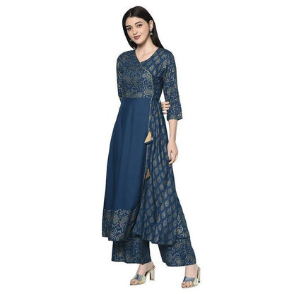 Women's Blue Rayon Foil print Angrakha Anarkali Palazzo Set