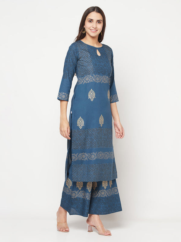 Women's Rayon Block print Straight Kurta palazzo set,Blue