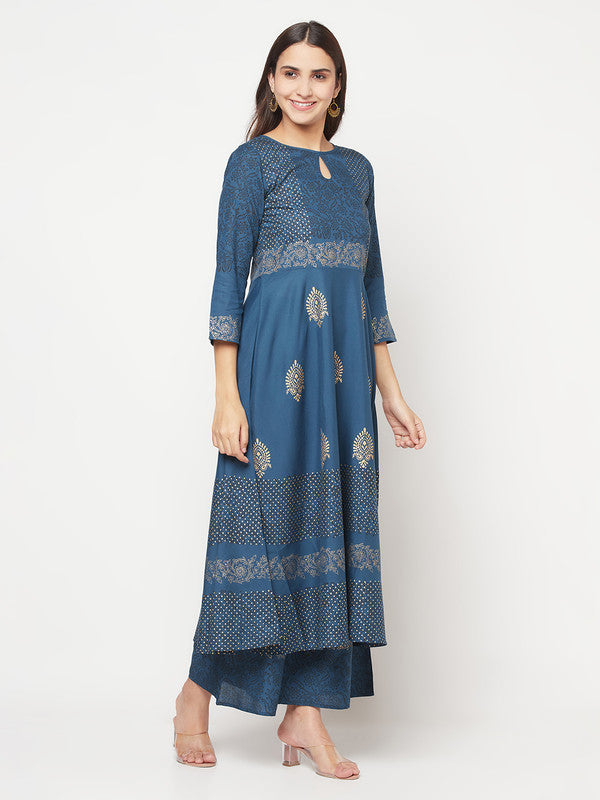 Women's Rayon Block print Anarkali palazzo set,Blue