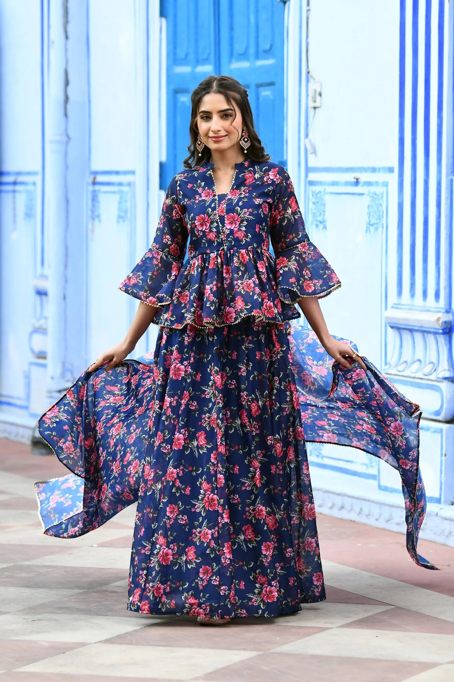 Women's Indigo Floral Print Lehenga Set   -3Pc Set