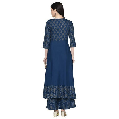 Women's Blue Rayon Foil print Angrakha Anarkali Palazzo Set