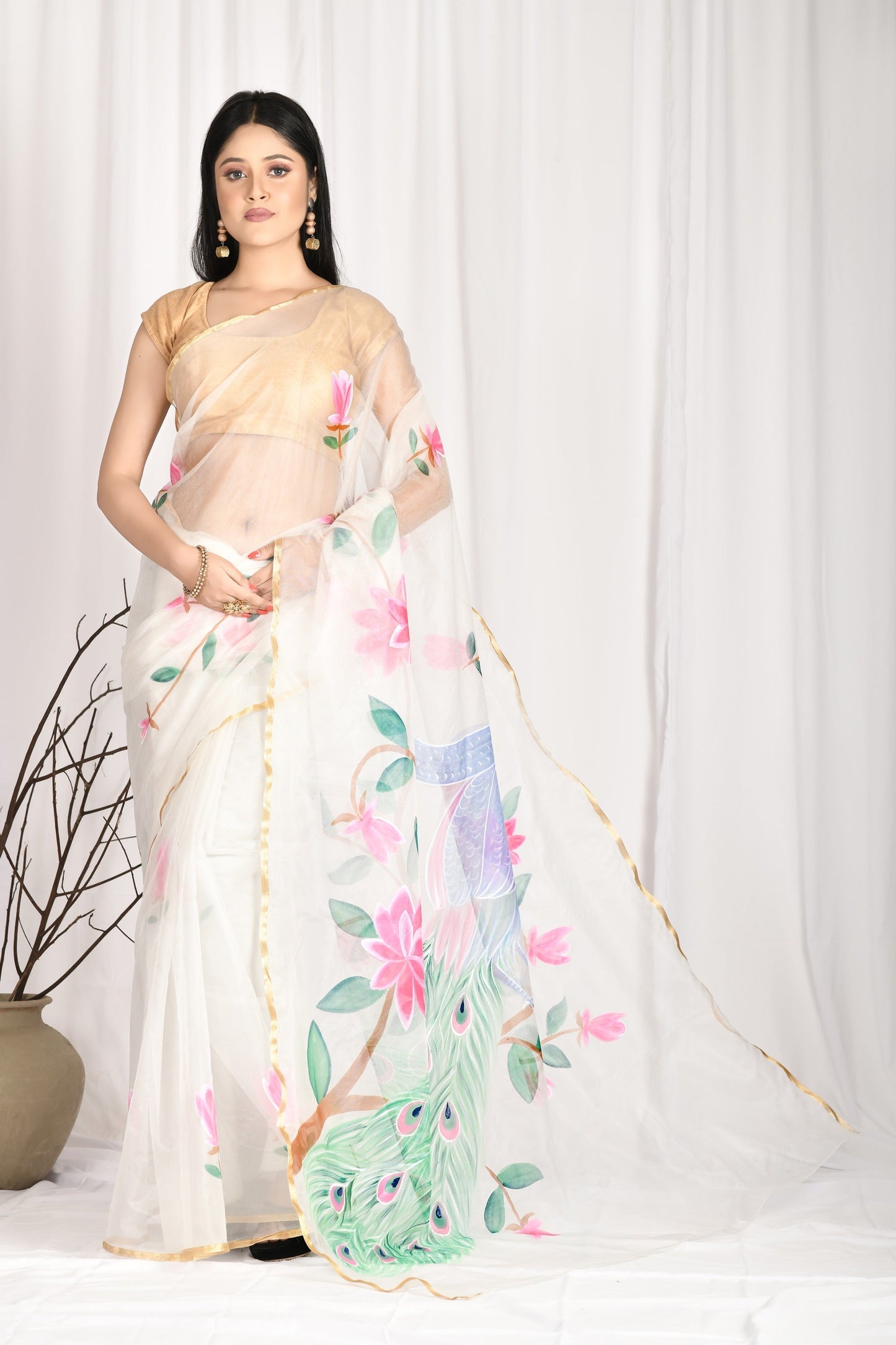 Women's Hand Painted Off White Saree With All-Over Vegetable Dyes With Blouse