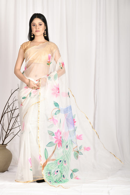 Women's Hand Painted Off White Saree With All-Over Vegetable Dyes With Blouse