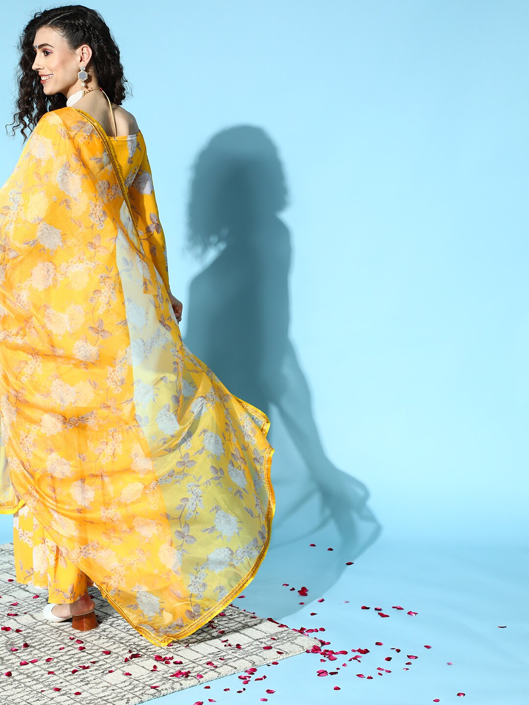 Women's Yellow Floral Print Kurta Sharara With Dupatta