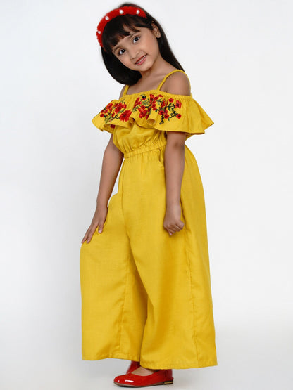 Girl's Mustard & Red Basic Jumpsuit with Embroidered