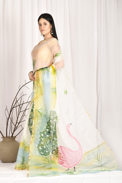 Women's Hand Painted Off White Saree With All-Over Vegetable Dyes With Blouse