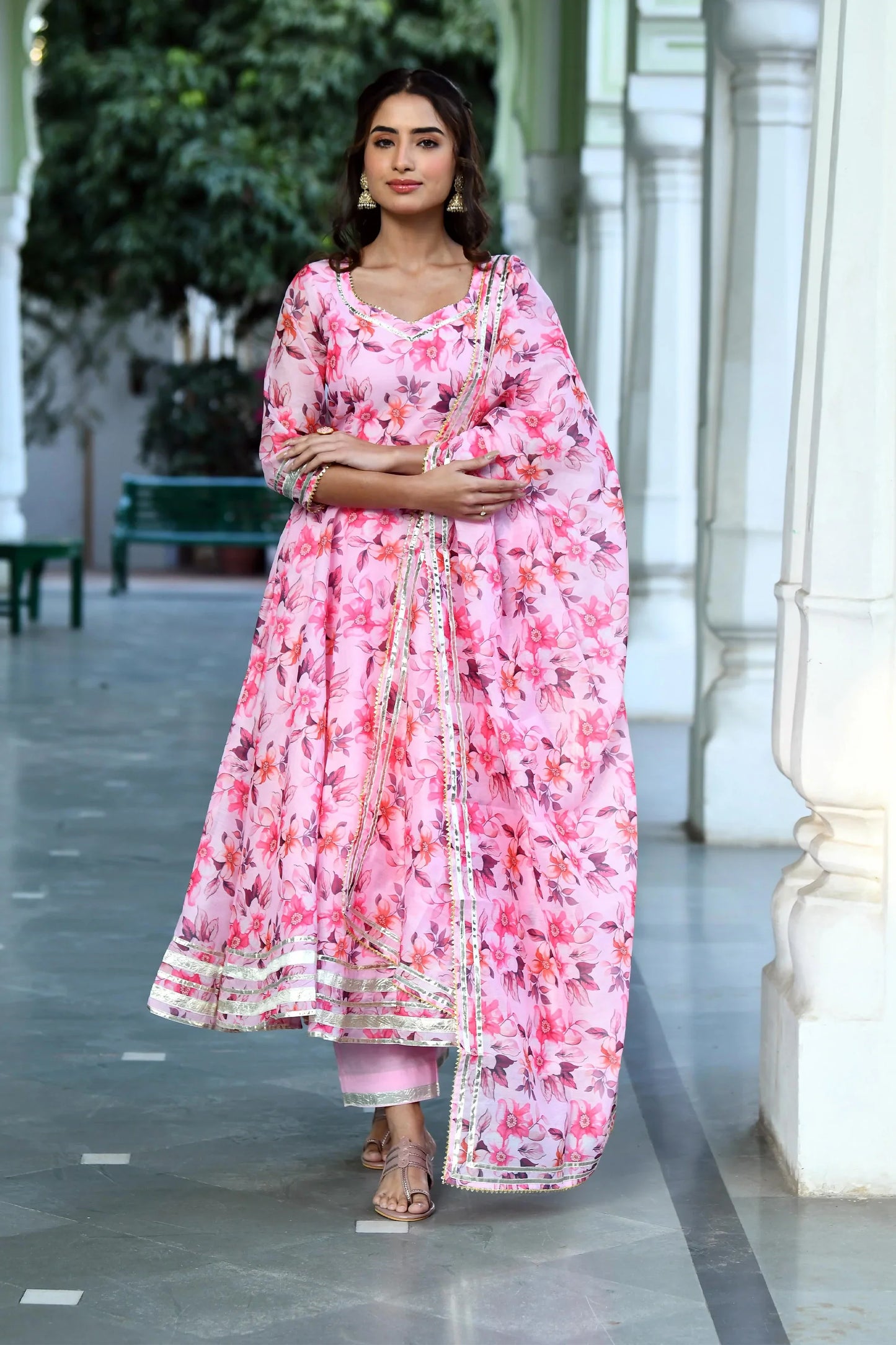 Women's Pink Floral Anarkali Suit Set  -3Pc Set