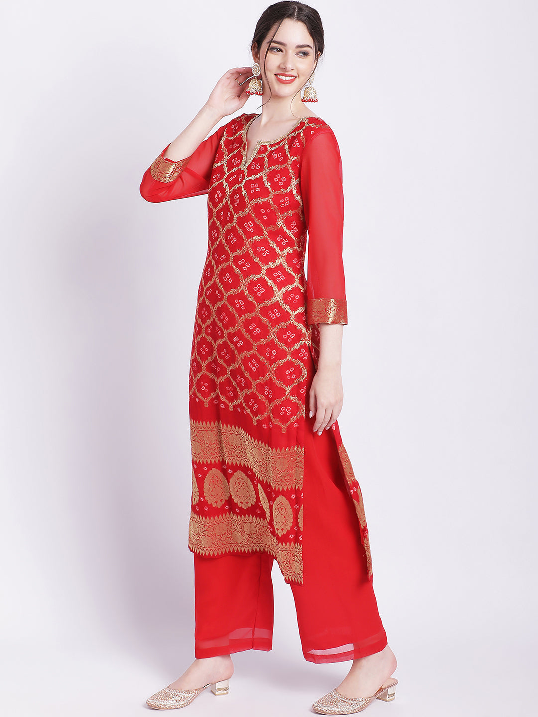 Women's Red Bandhej Bridal Kurti With Straight Palazzo