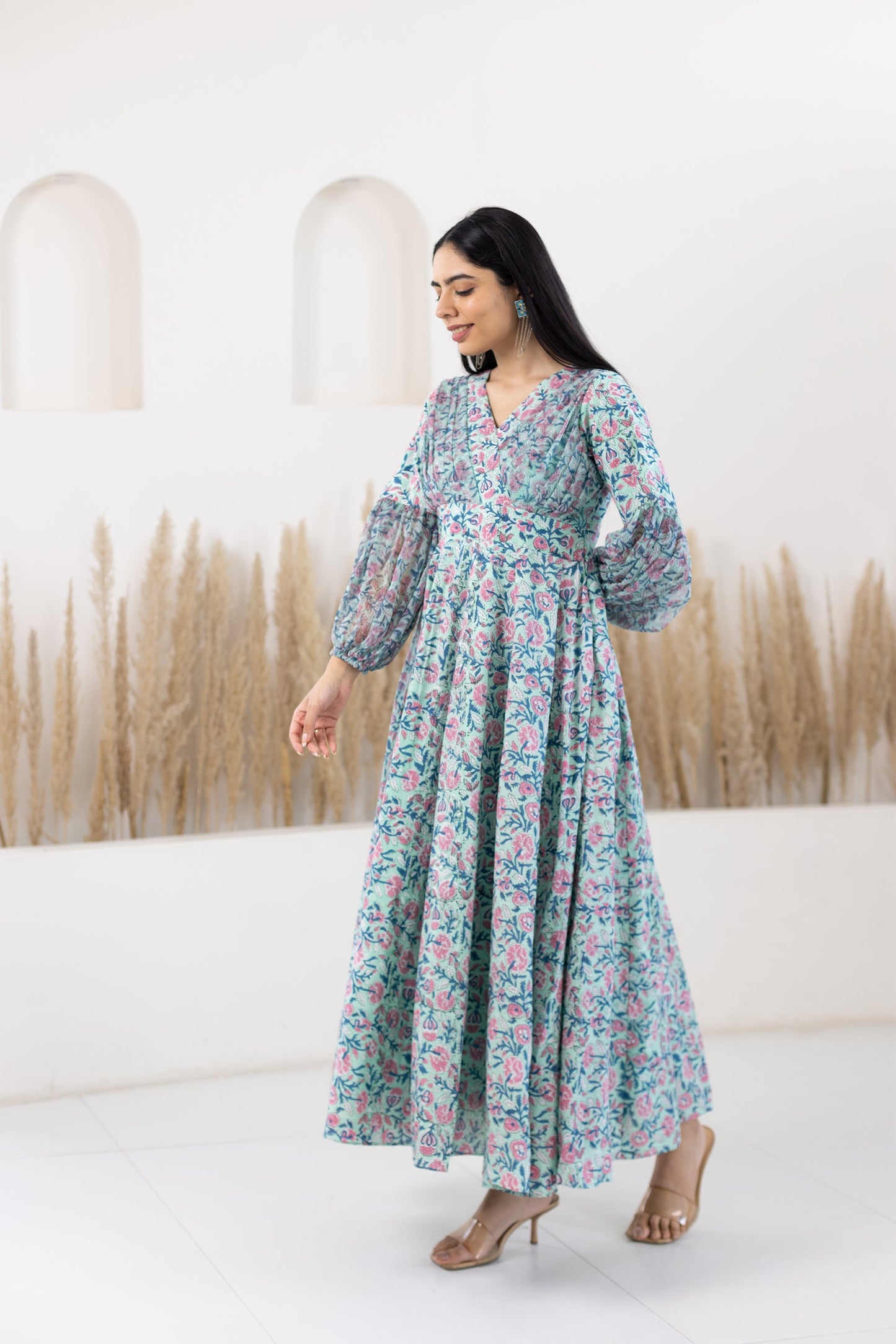 Blue Floral Printed Gown For Women - (1Pc Set)