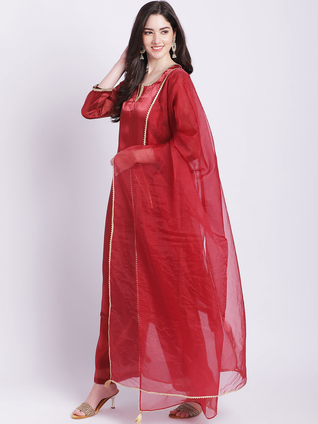 Women's Maroon Shine Organza Straight Kurti With Straight Palazzo And Organza Dupatta