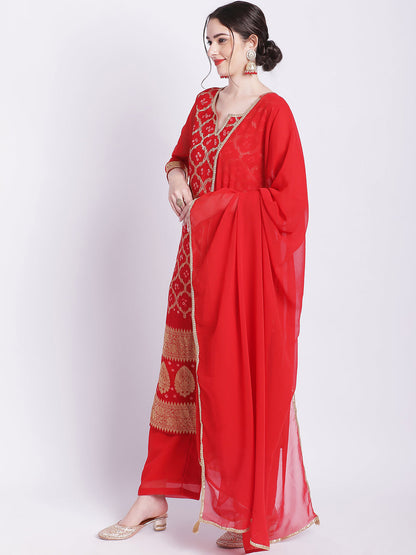 Women's Red Bandhej Bridal Kurti With Straight Palazzo Georgette Dupatta