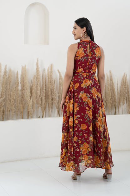 Women’S Brown Maxi Dress - (1Pc Set)