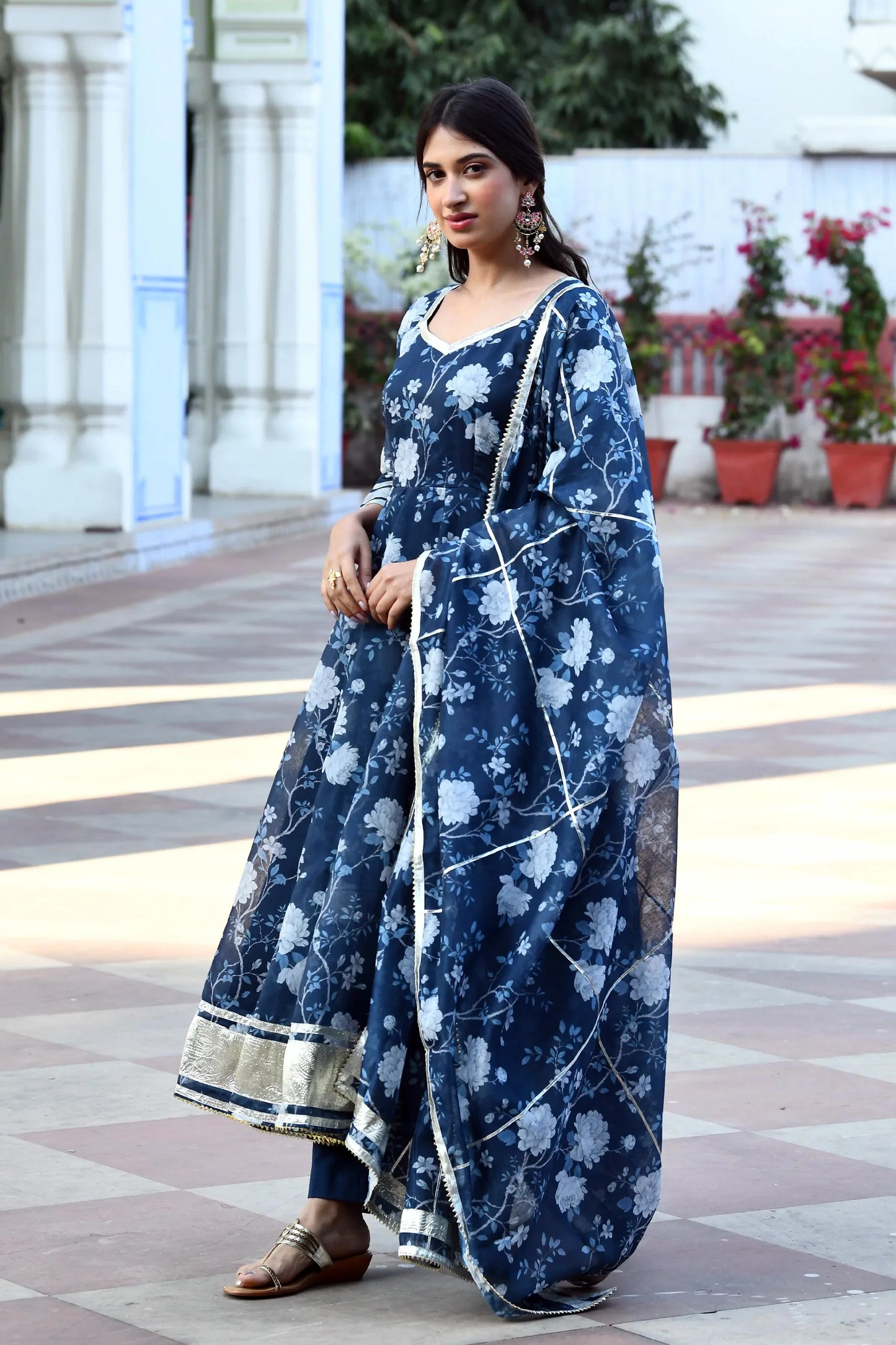 Women's Navy Blue Floral Anarkali Suit   -3Pc Set