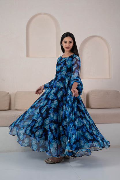 Blue Floral Printed Anarkali Suit Set - (3Pc Set)