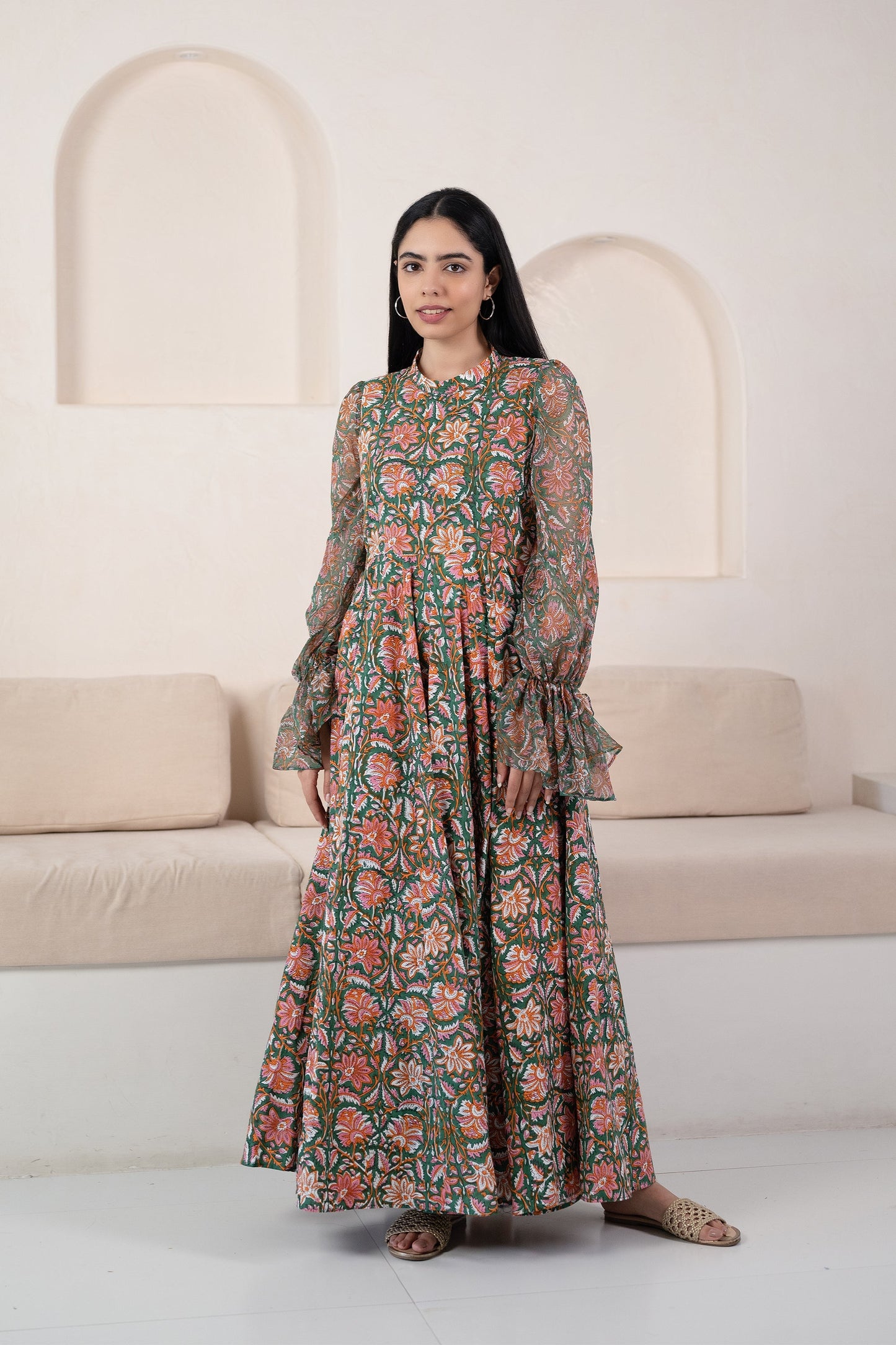 Green Floral Printed Gown For Women - (1Pc Set)