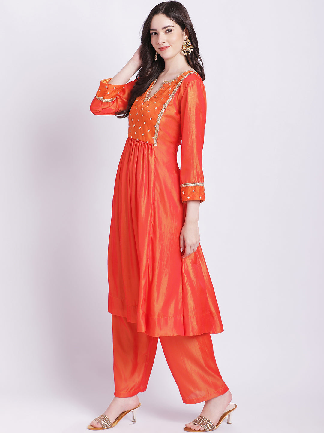 Women's Orange Punch A-Line Kurti With Straight Palazzo