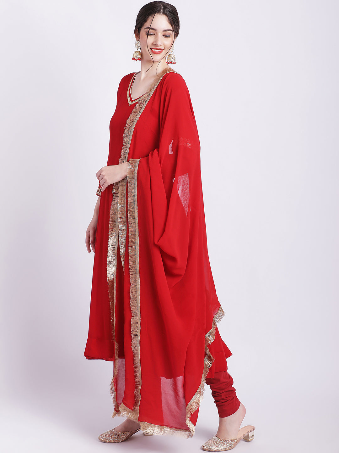 Women's Ruby Woo Georgette Border Anarkali With Churidar And Georgette Dupatta