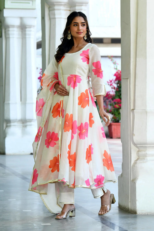 Women's Floral Print White Anarkali Suit  - (3Pc Set)