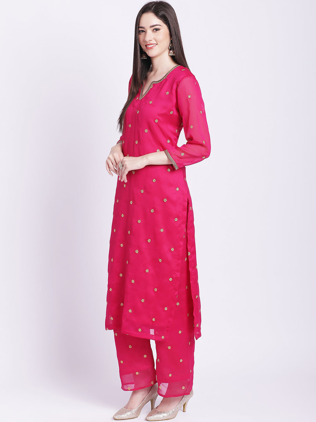 Women's Glam Pink Embroidered Kurti With Straight Palazzo