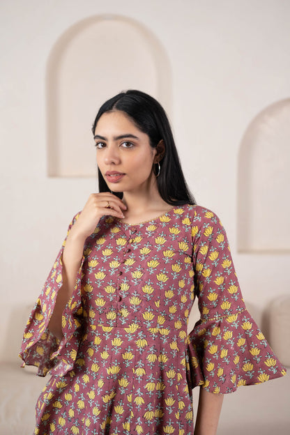 Brown Hand Block Printed Kurta Palazzo Set - (2Pcs Set)