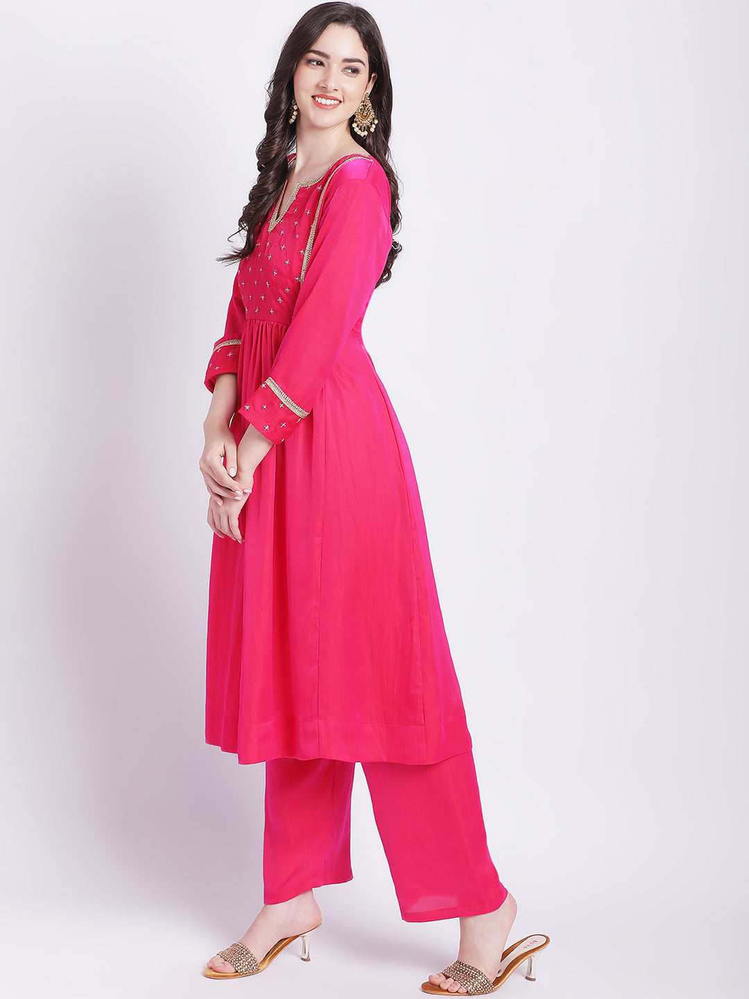 Women's Pink Punch A-Line Kurti With Straight Palazzo