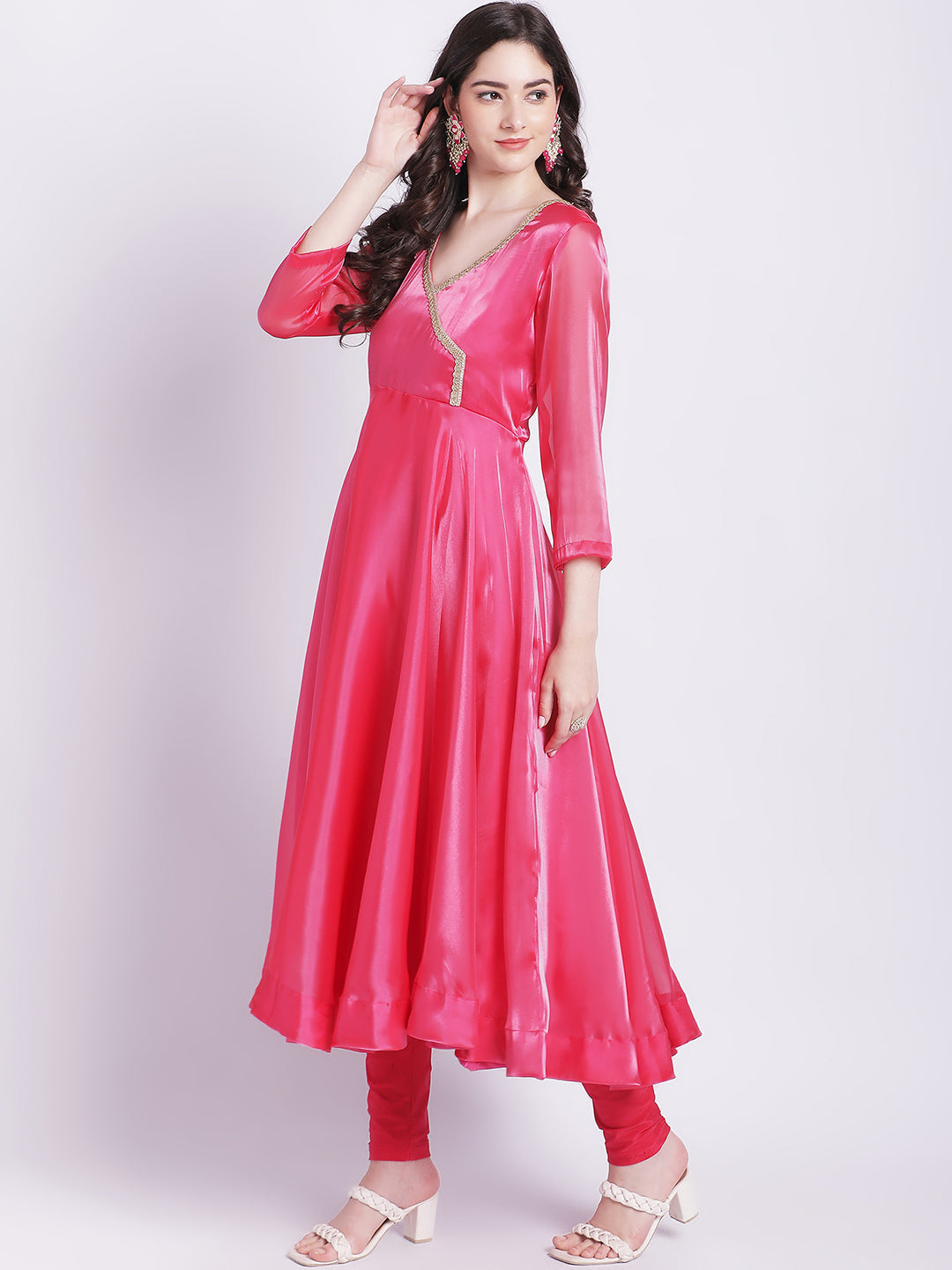 Women's Pink Dahlia Organza Anarkali With Churidar