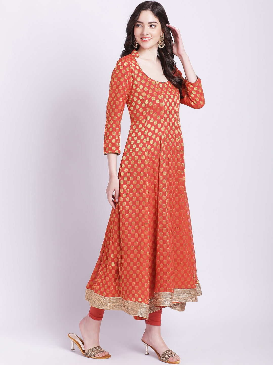 Women's Orange Banarsi Georgette Anarkali With Churidar