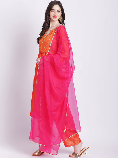 Women's Orange Punch A-Line Kurti With Straight Palazzo And Organza Dupatta