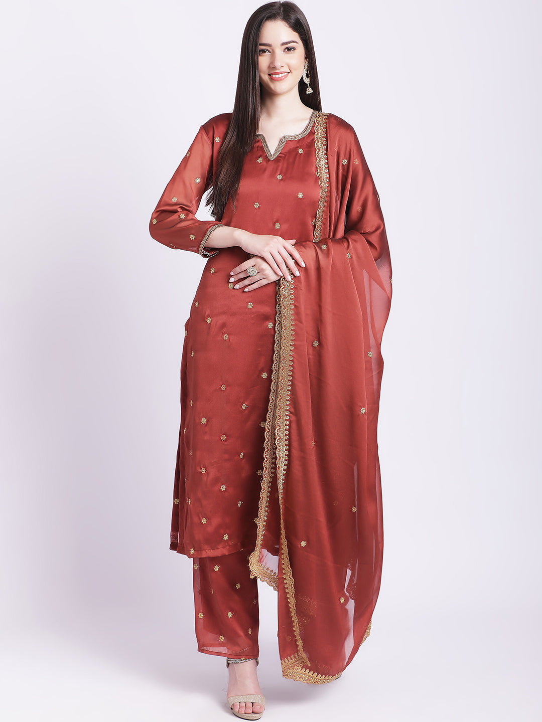 Women's Glam Rust Embroidered Kurti With Straight Palazzo And Embroidered Dupatta